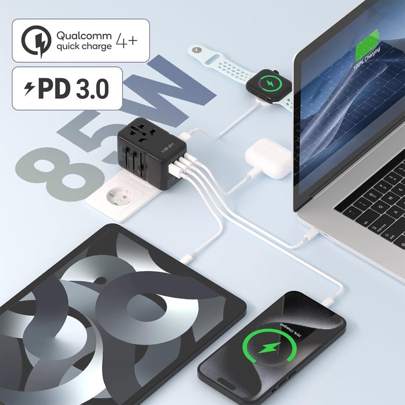 Minix 85W Universal Travel Adapter, GaN III International Power Adapter, 3 USB-C 2 USB-A Ports, AC Outlet, Worldwide US/UK/EU/AU Travel Charger for Laptops Tablets Phones and More - Image 2